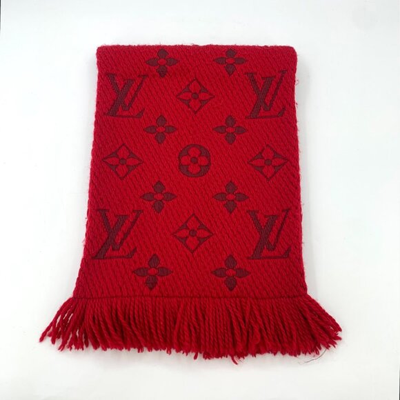Louis Vuitton Red Monogram All-Over Print Wool Fringe Scarf - Picture 1 of 9